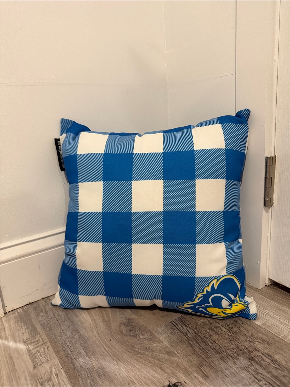 Blue Buffalo Check Throw Pillow with Mascot Accent